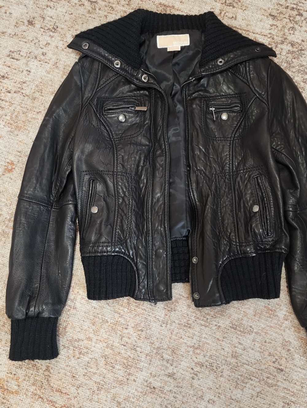 Michael Kors Black Leather Bomber Jacket